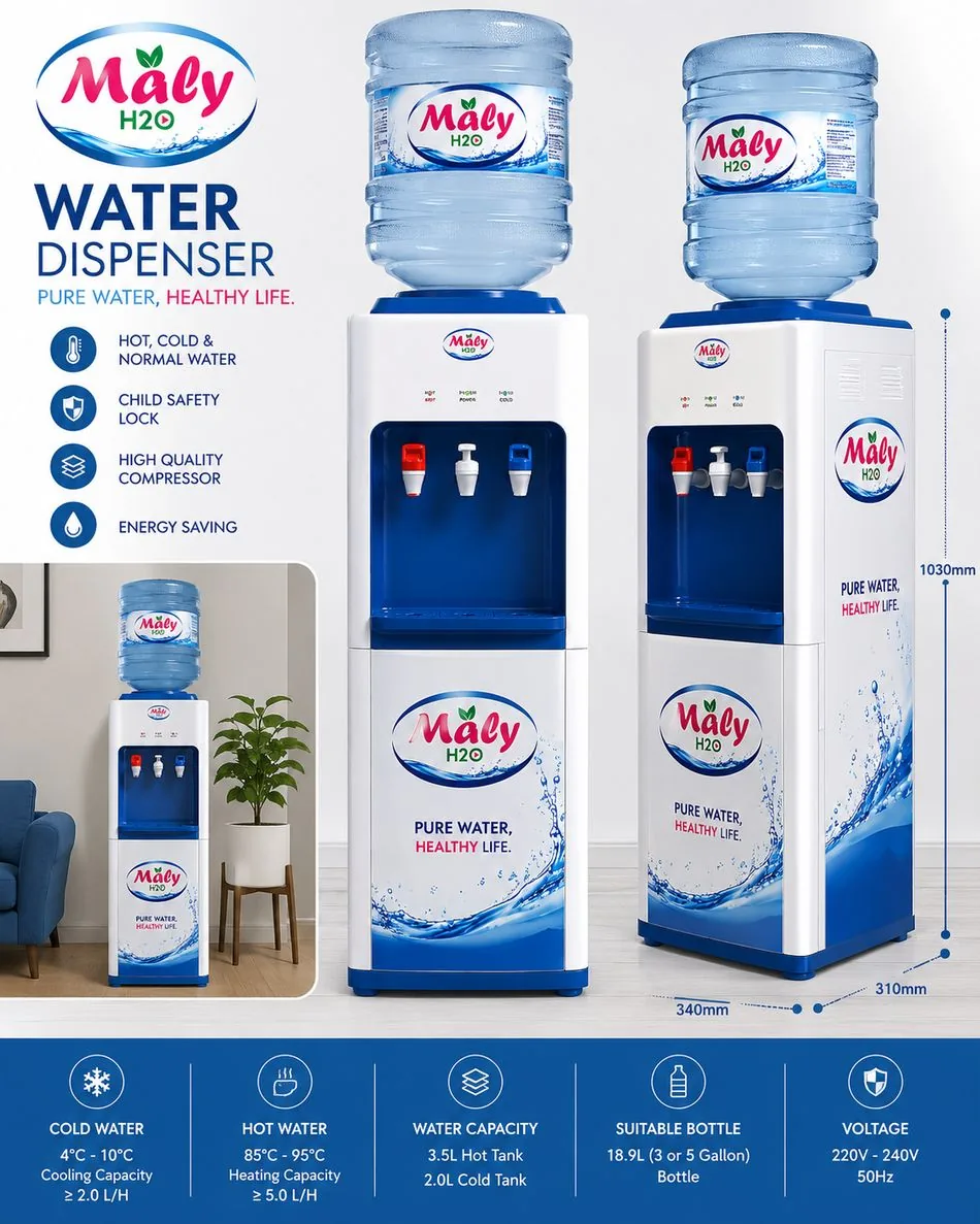 MALY branded hot and cold water dispenser for 19L bottles
